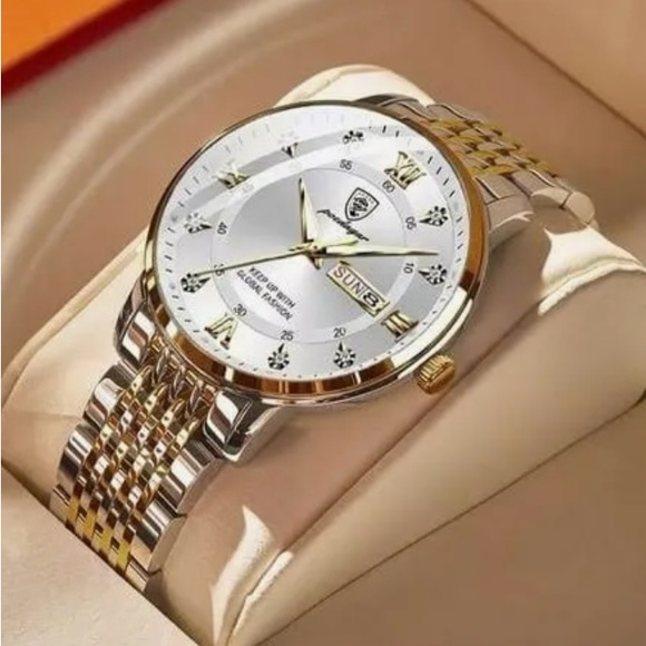 NWT NIB Men's Gold and Silver Stainless Quartz Watch - Picture 1 of 7